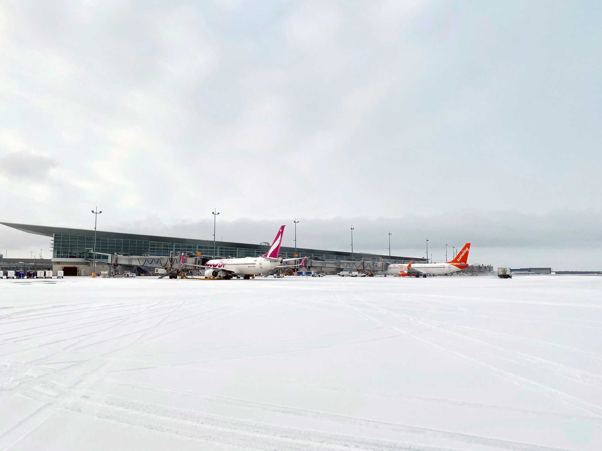 A Swoop and a Sunwing plane are parked at the boarding bridges of Winnipeg Richardson International Airport with a snow-covered apron surrounding them.