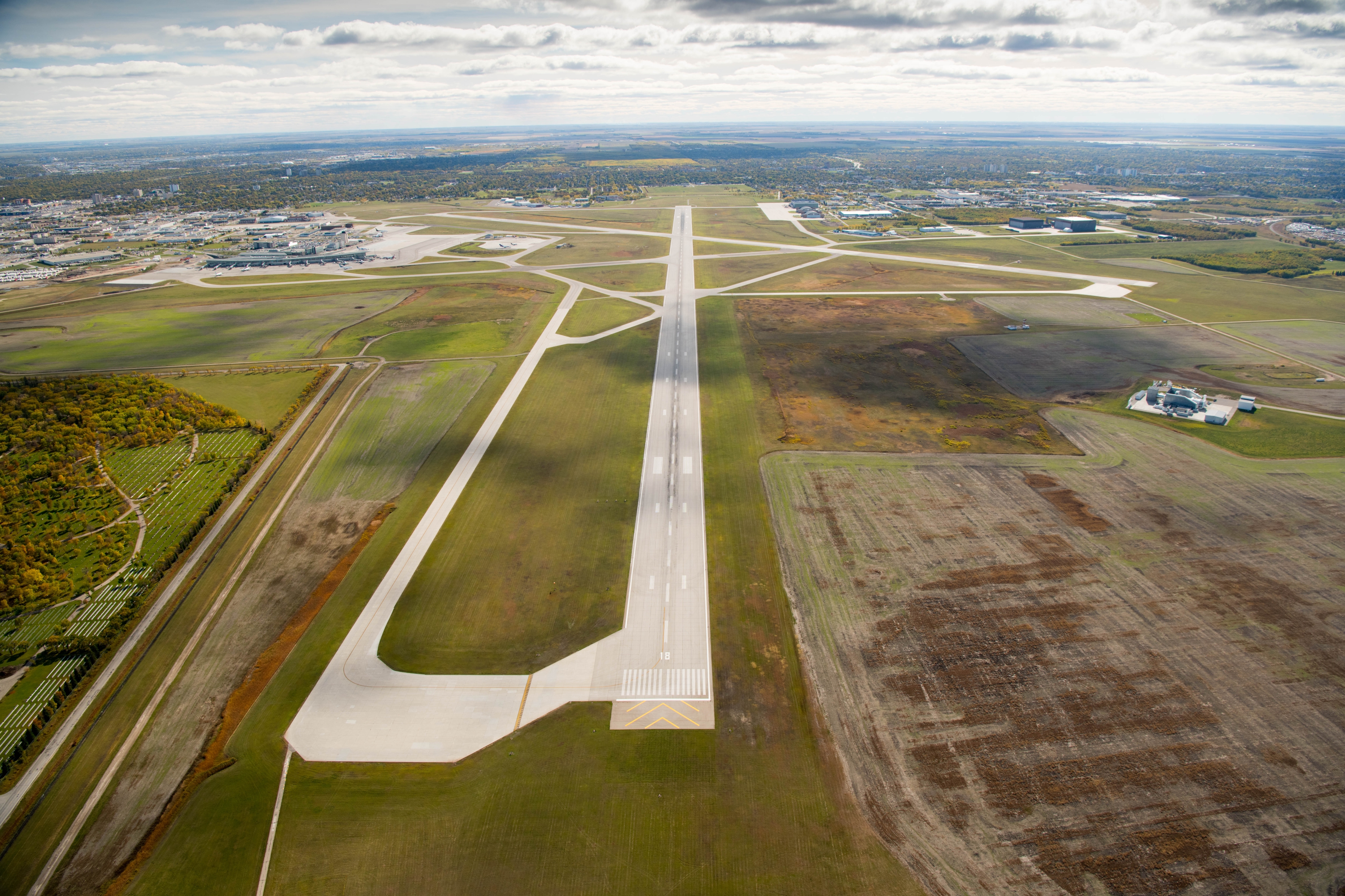 An aerial photo of Runway 18/36 at Winnipeg Richardson International Airport.