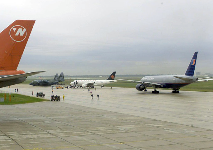 A line up of three different diverted aircraft.