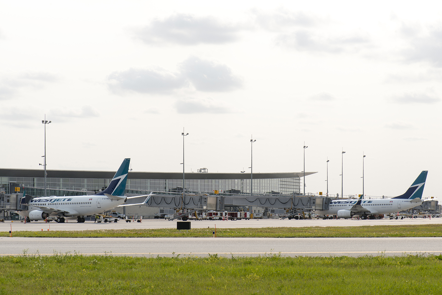 Two WestJet planes are parked at separate boarding gates at Winnipeg Richardson International Airport.