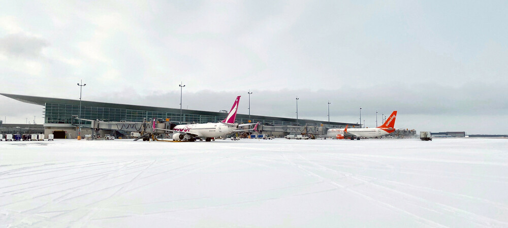 A Swoop and a Sunwing plane are parked at the boarding bridges of Winnipeg Richardson International Airport with a snow-covered apron surrounding them.