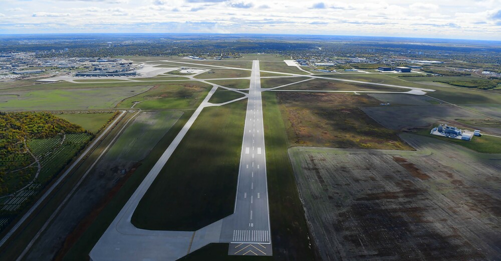 Aerial view of YWG looking down runway 18/36
