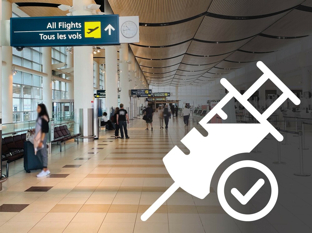 The Departures Level with travellers moving through the terminal in the background and a vaccination logo in front.