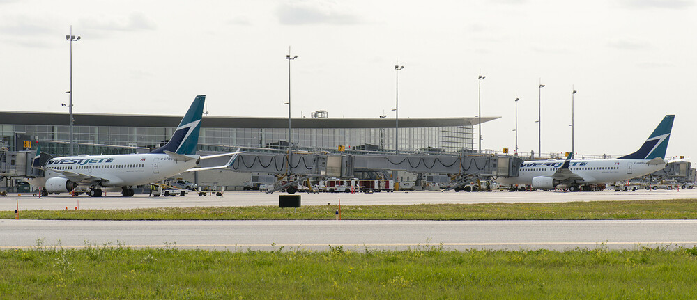Deux avions de WestJet sont garés aux portes d'embarquement de l'aéroport international Richardson de Winnipeg.